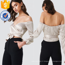 Off-épaule à manches longues col en V argent Summer Top avec Bow fabrication en gros de mode femmes vêtements (TA0081T)